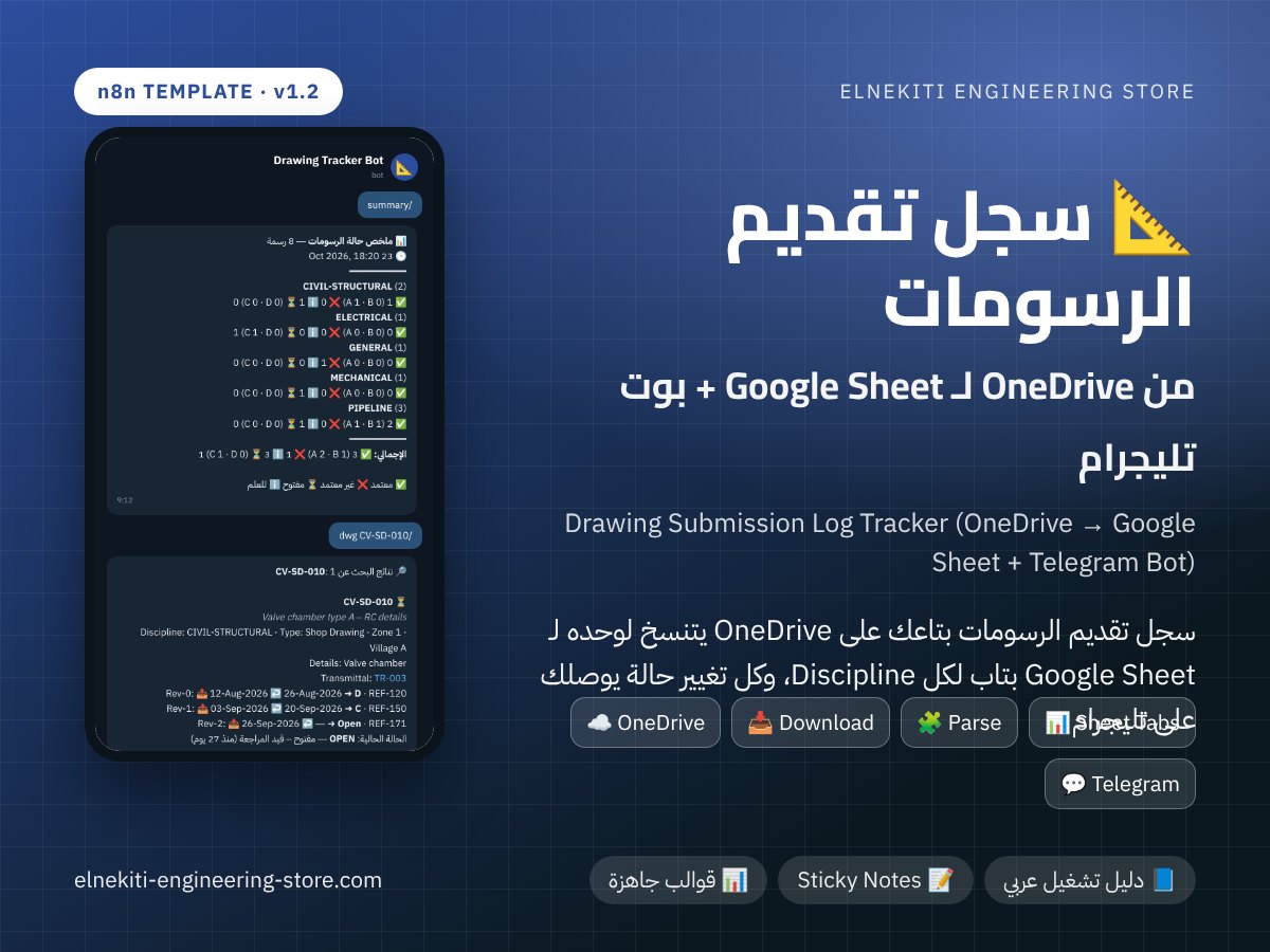متابعة سجل تقديم الرسومات (Shop Drawings) — Google Sheet + بوت تليجرام (n8n)